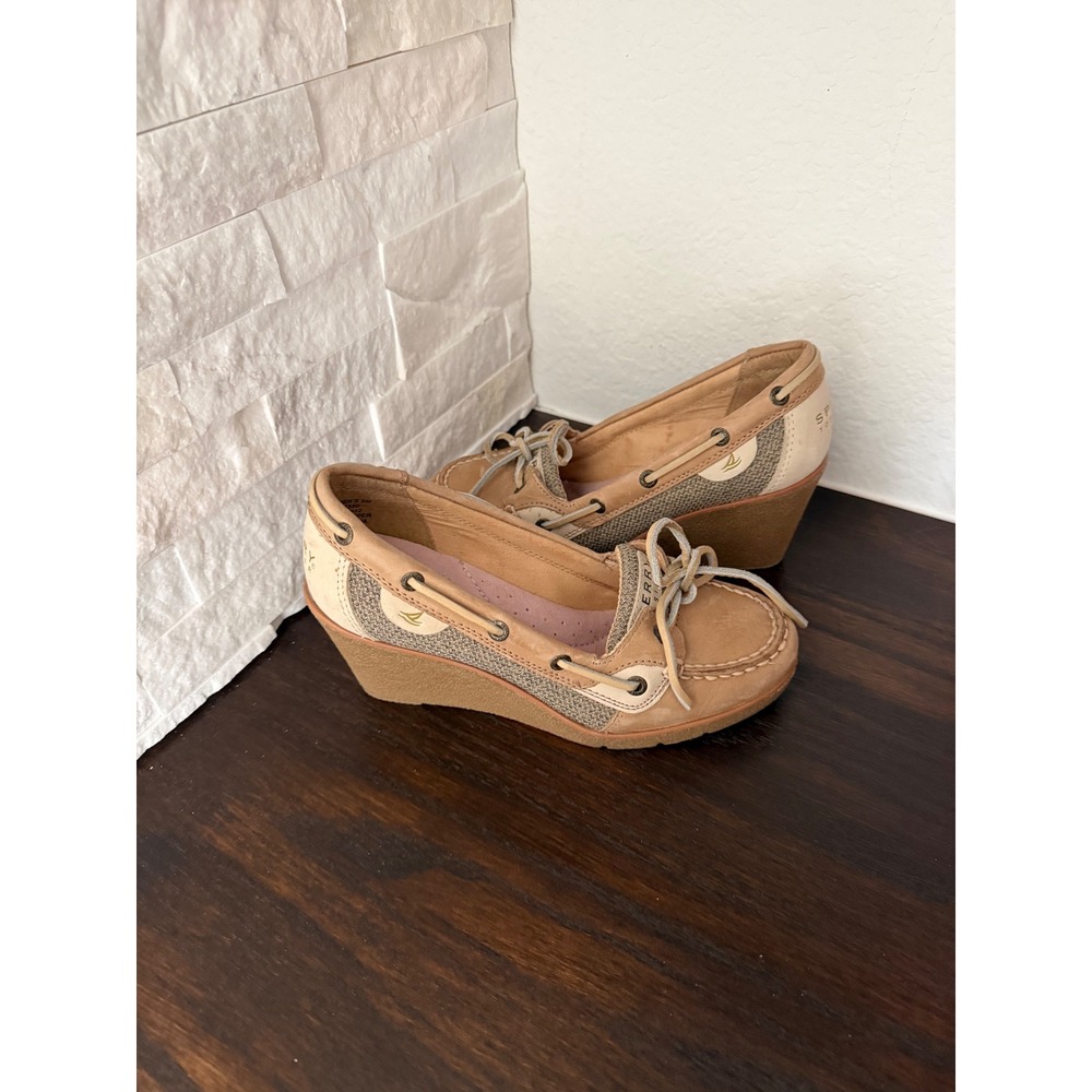 Sperry Top-Sider Womens Tan Leather Mesh Boat Shoe Wedges Heels! Size: 5M